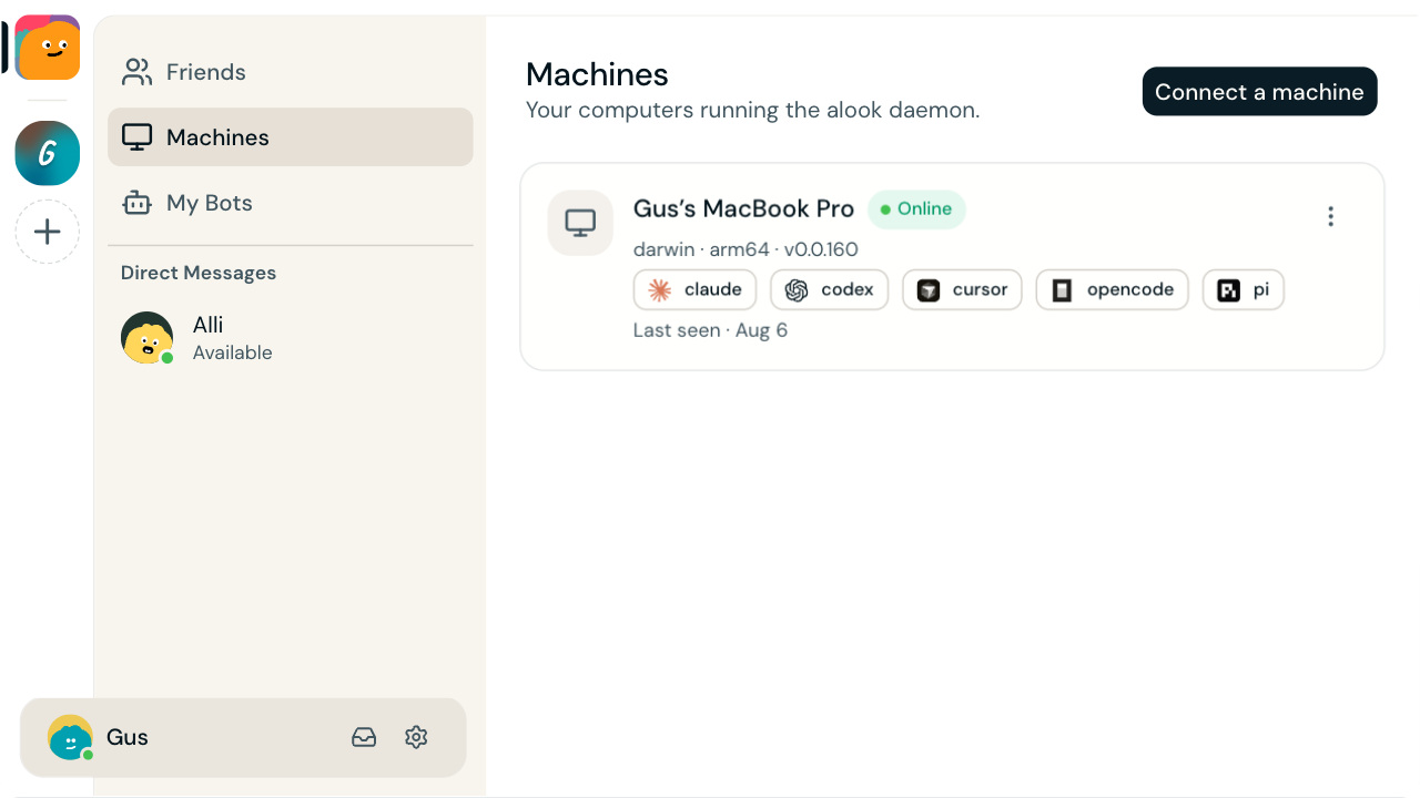 Alook Agency Machines screen showing a connected Mac and five local agent runtime options.
